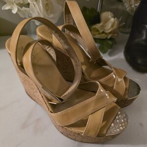 Jimmy Choo Tan Patent Cork Wedge Sandals